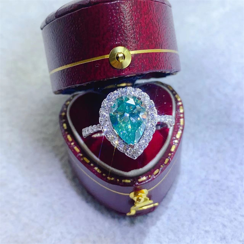 2.5Ct Moissanite Exquisite Halo Pear Cut Cyan Blue Engagement Ring-Sterling Silver-lornajewelry