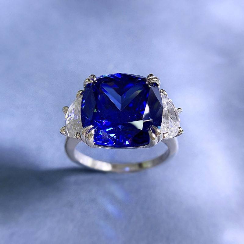 11Ct Blue Cushion Cut Prong Setting Classic Style Ring-Sterling Silver-lornajewelry