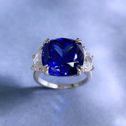 11Ct Blue Cushion Cut Prong Setting Classic Style Ring-Sterling Silver-lornajewelry