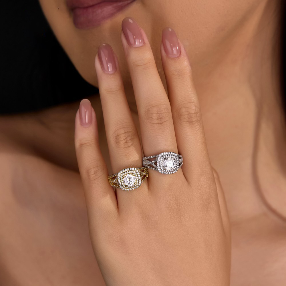 1Ct Moissanite Round Cut Double Halo Luxurious Pave Setting Sterling Silver Engagement Ring