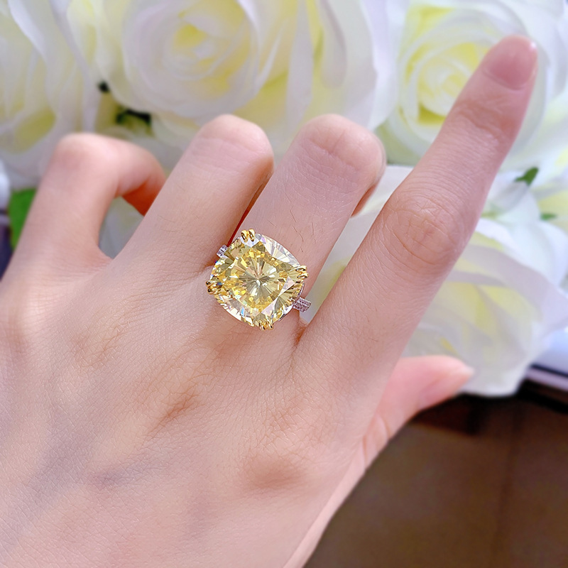 11Ct Yellow Cushion Cut Gemstone Solitaire Ring-Sterling Silver-lornajewelry