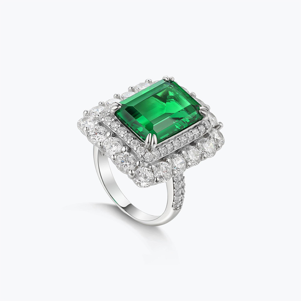 7Ct Green Emerald Cut Halo Setting Classic Ring-Sterling Silver-lornajewelry