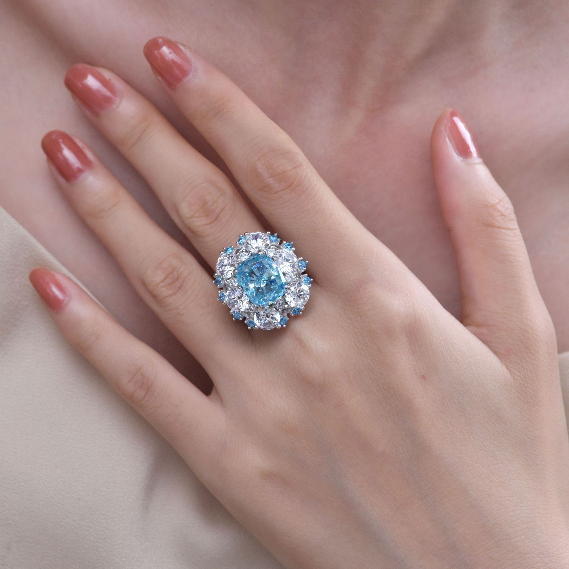 6Ct Cushion Cut Aquamarine Double Halo Pave Ring-Sterling Silver-lornajewelry