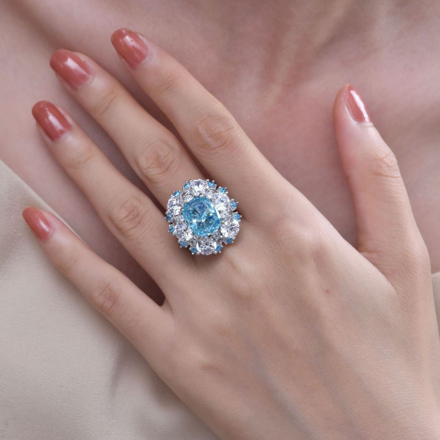 6Ct Cushion Cut Aquamarine Double Halo Pave Ring-Sterling Silver-lornajewelry