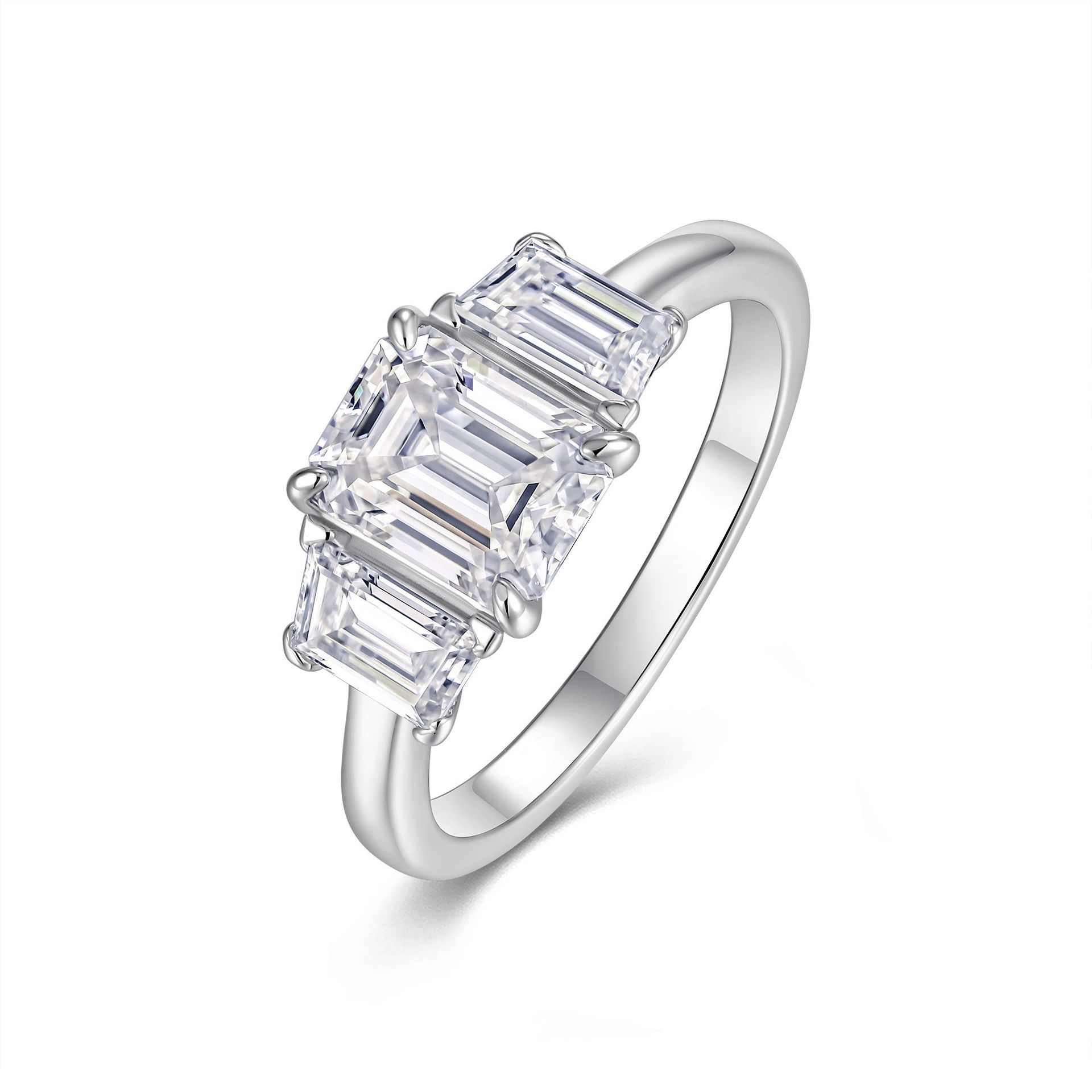 5Ct  Emerald Cut Moissanite Three-Stone Sterling Silver Engagement Ring