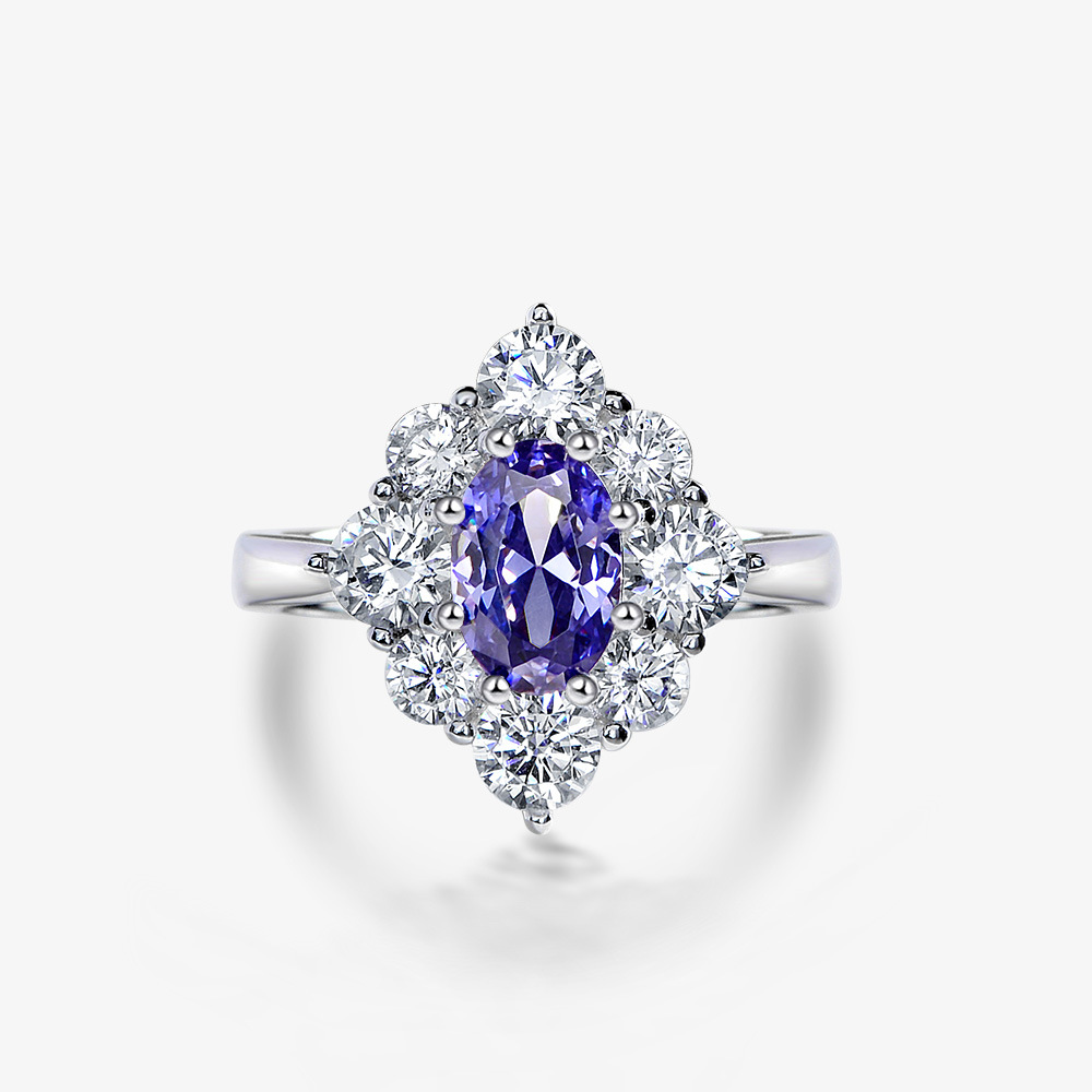 1.5Ct Oval Cut Blue Gemstone Halo Design Ring