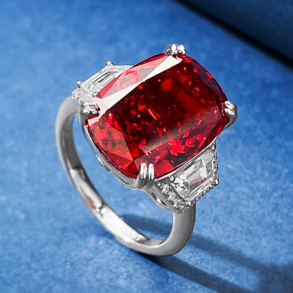 9Ct Ruby Cushion Cut Three-Stone Ring-Sterling Silver-lornajewelry