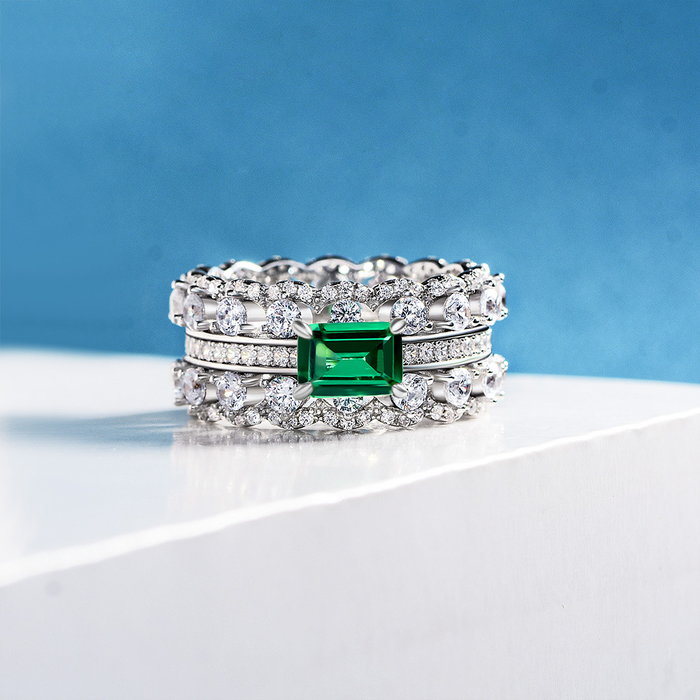 1Ct Emerald Cut Emerald Micro Pave Ring-Sterling Silver-lornajewelry