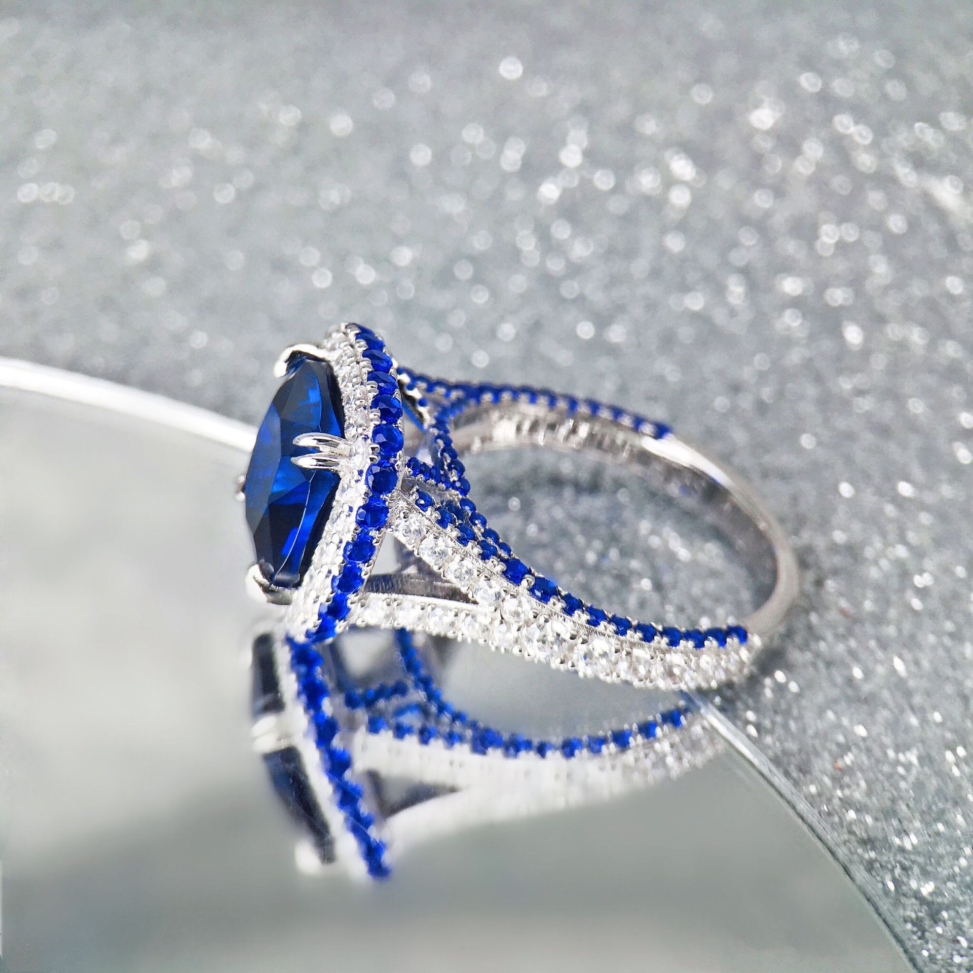 5Ct Sparkling Blue Full Pave Handmade 4-Prong Engagement Ring In Sterling Silver