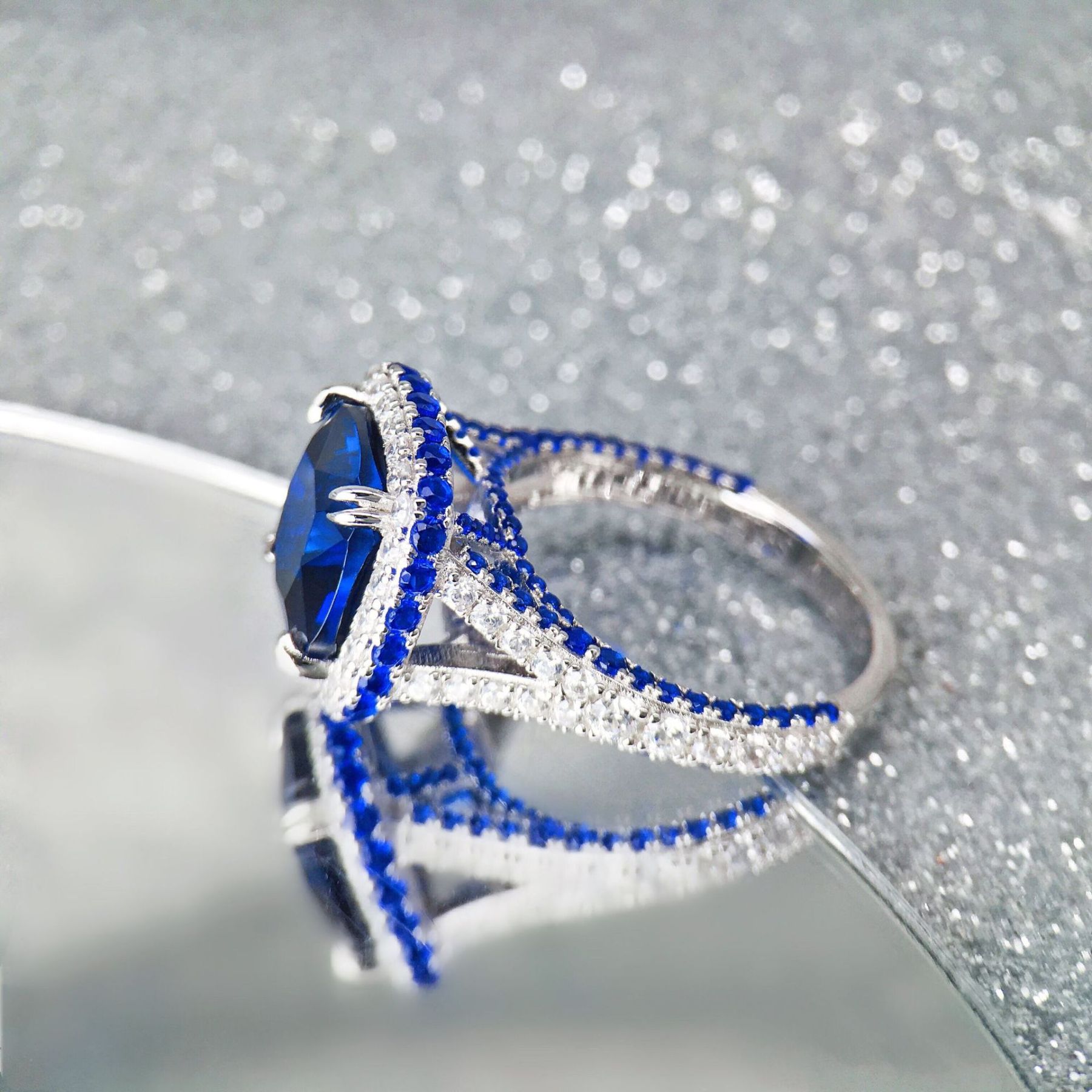 5Ct Sparkling Blue Full Pave Handmade 4-Prong Engagement Ring In Sterling Silver