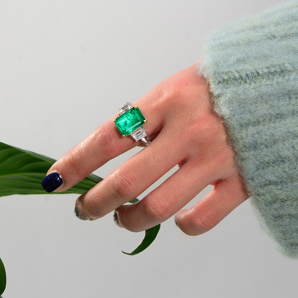 8Ct Emerald Cut Green Three-Stone Ring