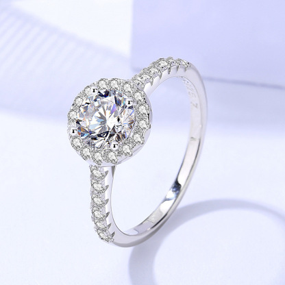 1Ct Moissanite Round Cut Halo Pave Setting Ring-Sterling Silver-lornajewelry