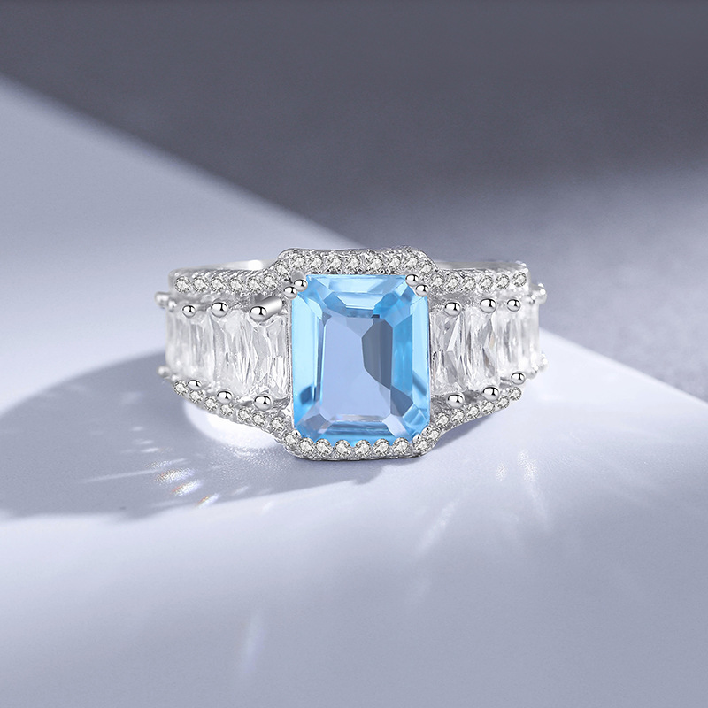 3Ct Aquamarine Blue Emerald Cut Pave Setting Vintage Ring-Sterling Silver-lornajewelry