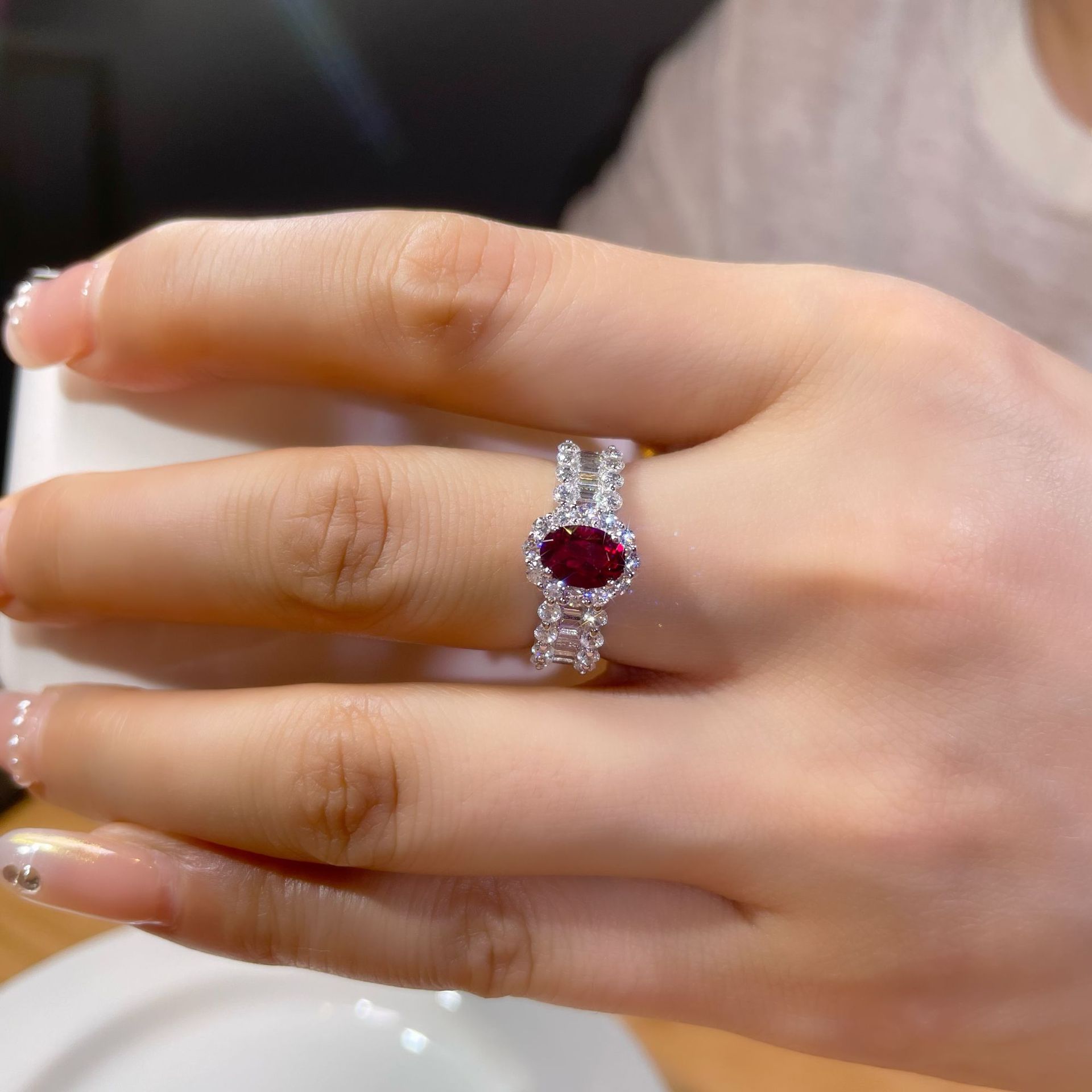 1Ct Ruby Oval Halo Pave Ring with Baguette Accent-Sterling Silver-lornajewelry