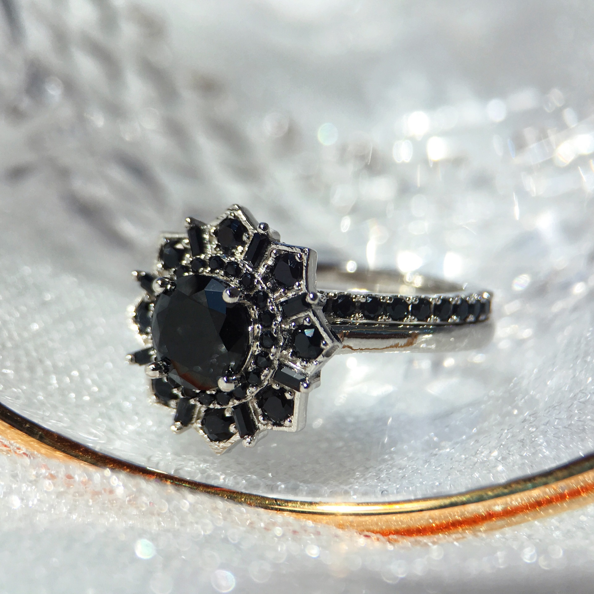 1.5Ct Black Stone Double Halo Starburst Wedding Ring Set in Sterling Silver-Sterling Silver-lornajewelry