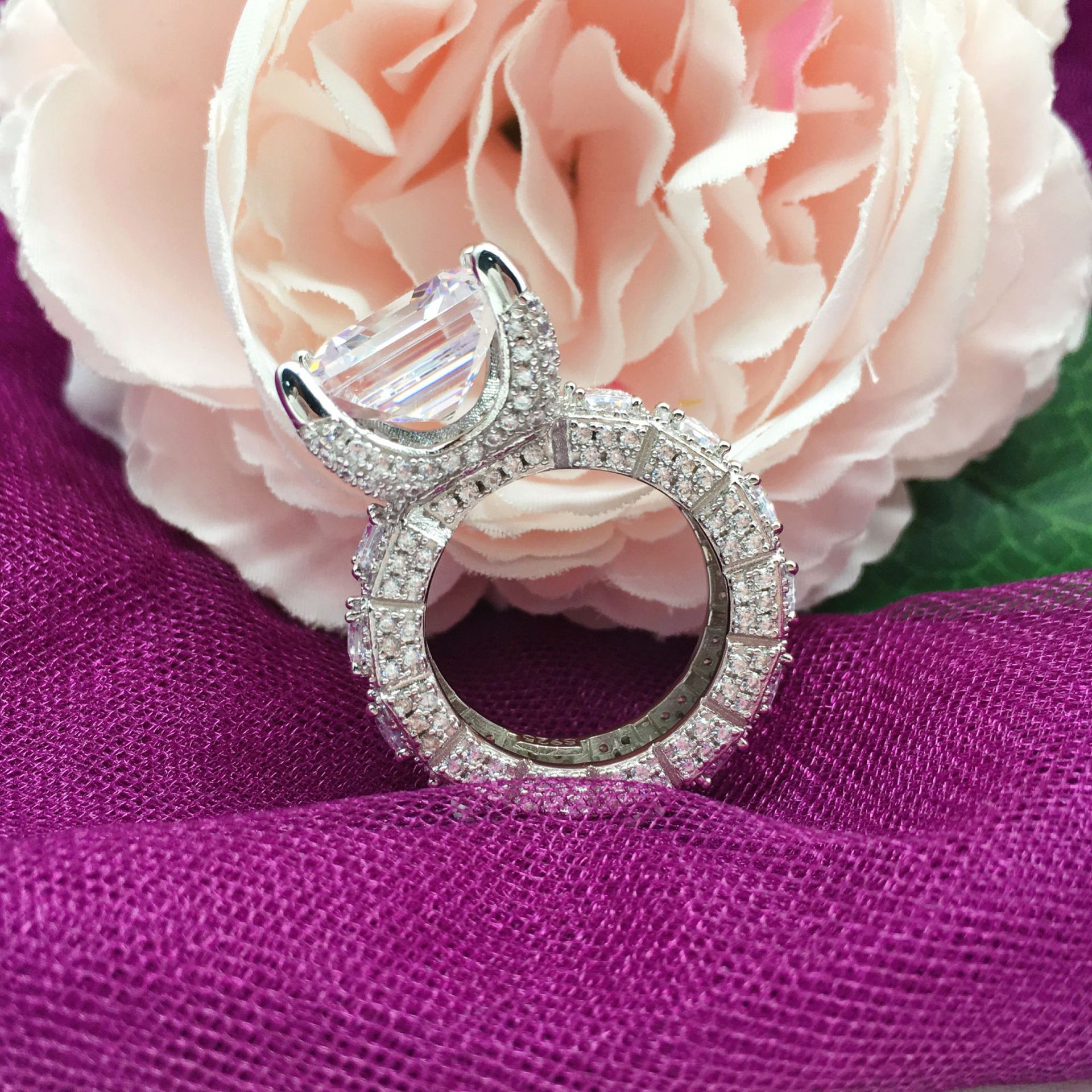 8Ct Luxury Full-Stone Design 4-Prong Asscher Cut Engagement Ring In Sterling Silver-Sterling Silver-lornajewelry