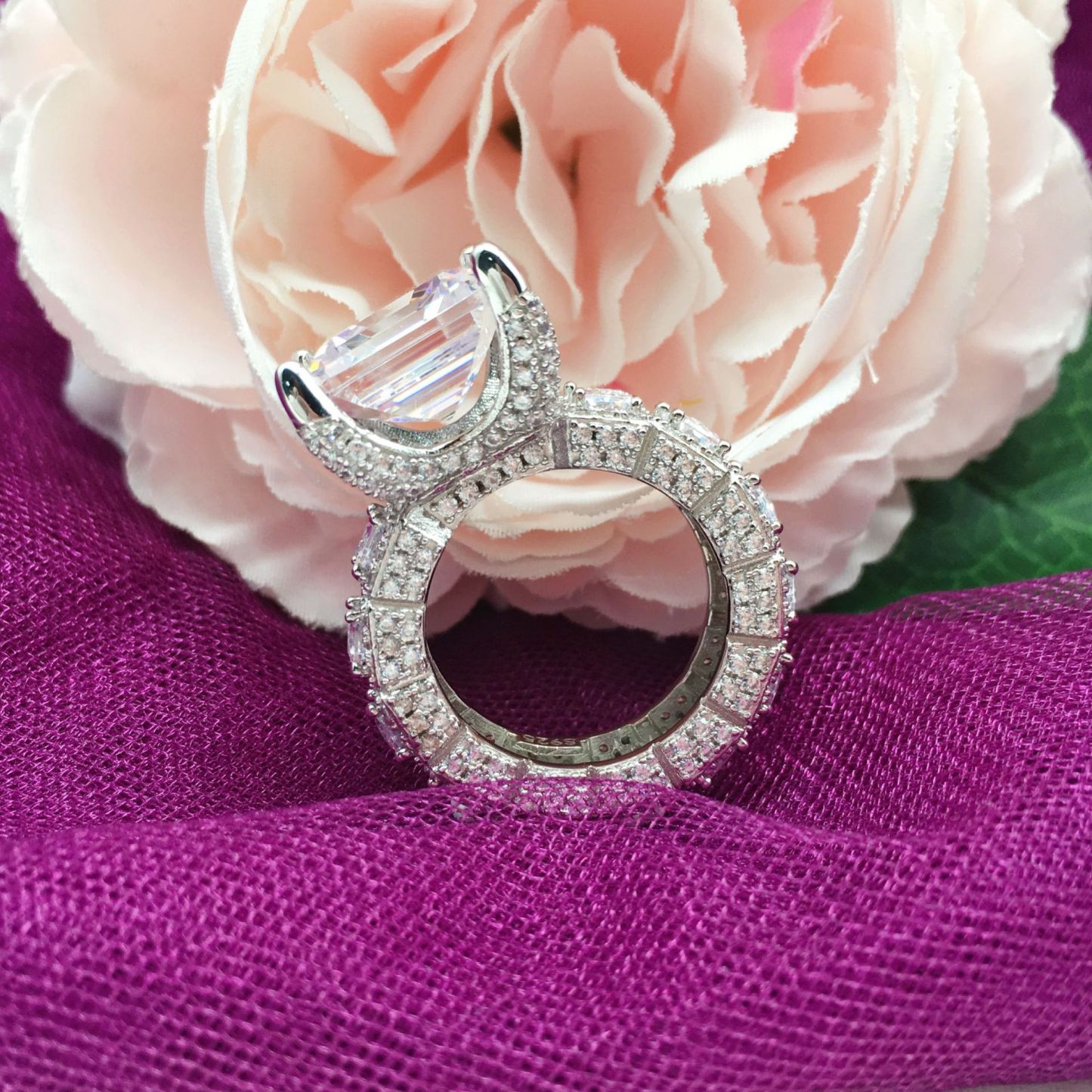 8Ct Luxury Full-Stone Design 4-Prong Asscher Cut Engagement Ring In Sterling Silver-Sterling Silver-lornajewelry