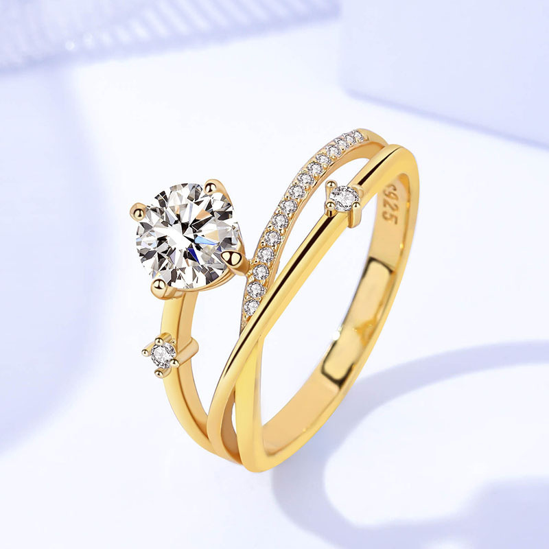 1Ct Moissanite White Round Cut Cross Over Setting Yellow Gold Twist Ring-Sterling Silver-lornajewelry