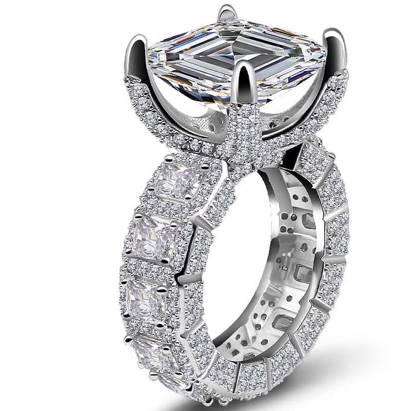 8Ct Luxury Full-Stone Design 4-Prong Asscher Cut Engagement Ring In Sterling Silver-Sterling Silver-lornajewelry