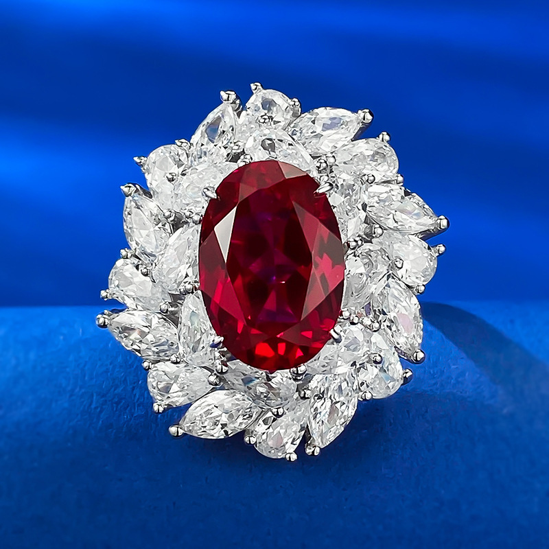 4Ct Ruby Oval Cut Marquise Halo Setting Ring-Sterling Silver-lornajewelry