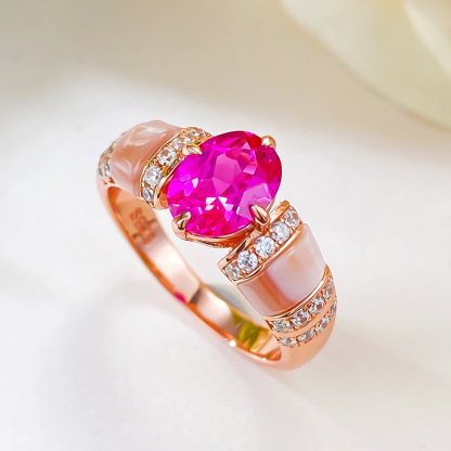 1Ct Rose Red Oval Cut Mother-of-Pearl Pave Setting Ring-Sterling Silver-lornajewelry