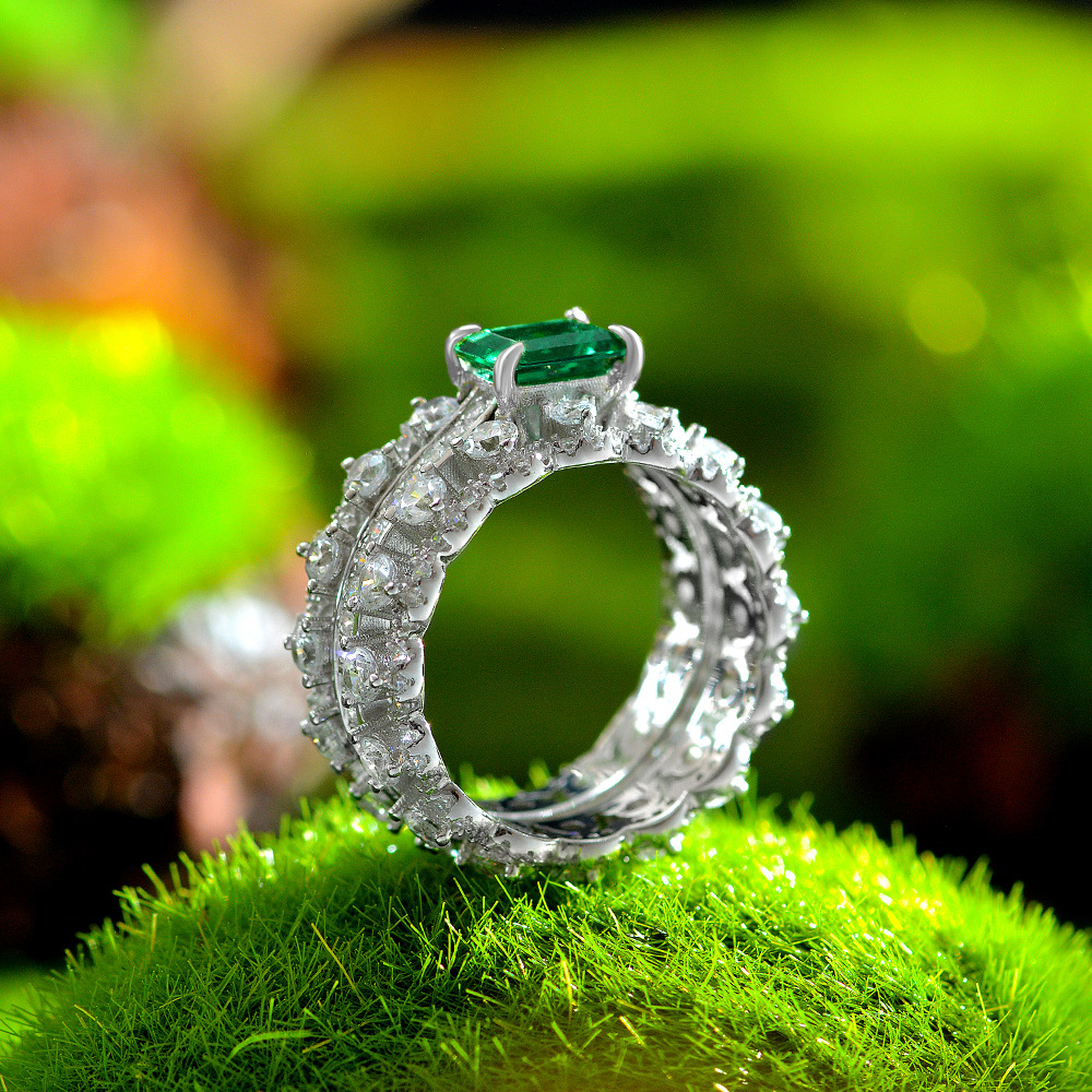 1Ct Emerald Cut Emerald Micro Pave Ring-Sterling Silver-lornajewelry