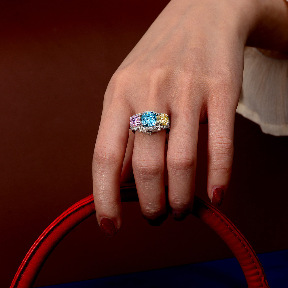 3Ct Tricolor Cushion Cut Three Stone Halo Setting Ring-Sterling Silver-lornajewelry