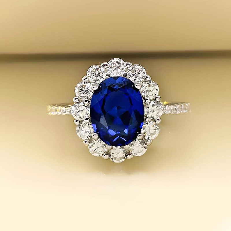 2.5Ct Oval Cut Blue Gemstone Halo Design Ring-Sterling Silver-lornajewelry