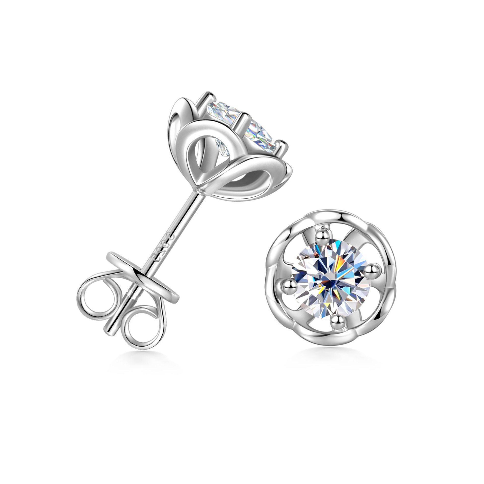 Moissanite Hollow Lace Design Stud Earrings in Sterling Silver
