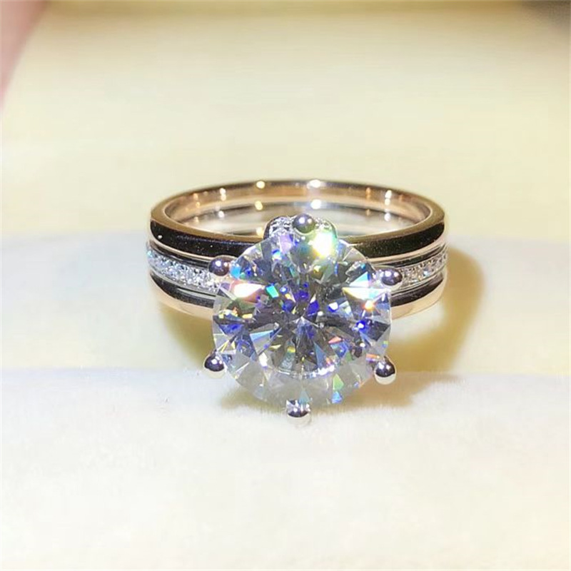 3Ct Round Cut Moissanite Tri-Color Pave Setting Sterling Silver Engagement Ring