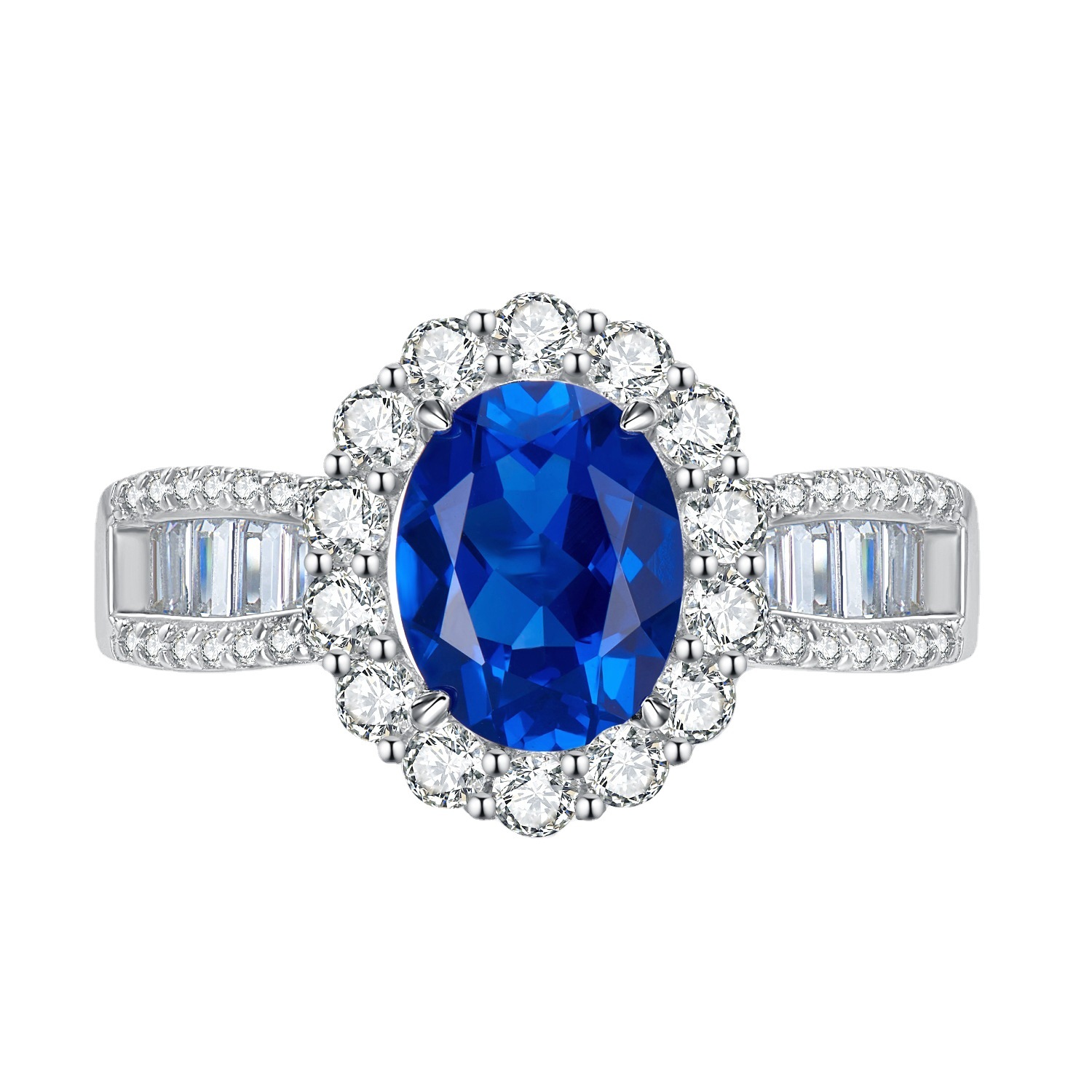 2.5Ct Oval Cut Blue Sapphire Halo Design Ring-Sterling Silver-lornajewelry