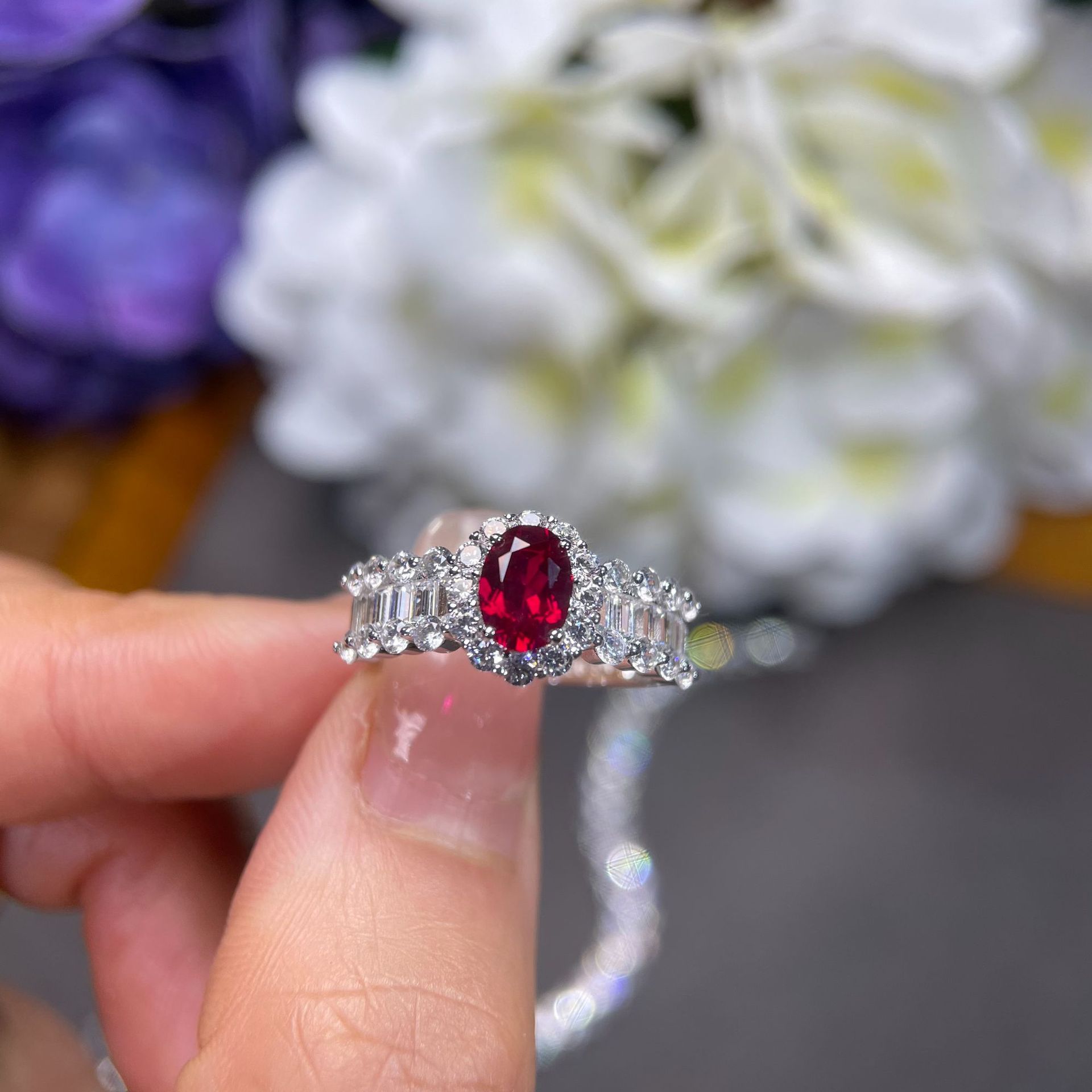 1Ct Ruby Oval Halo Pave Ring with Baguette Accent-Sterling Silver-lornajewelry