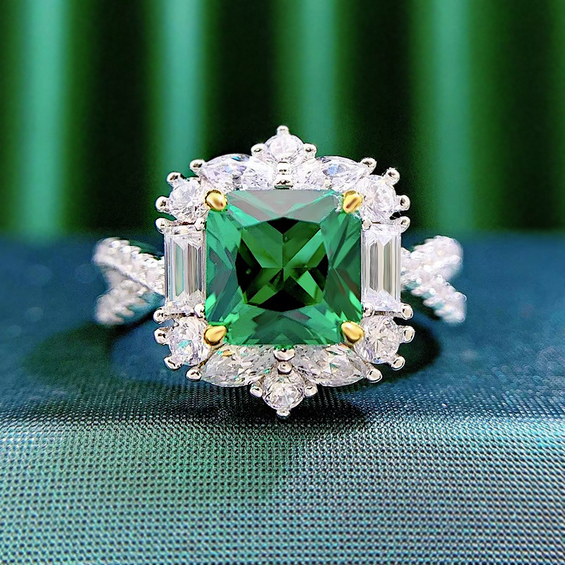 2Ct Green Cushion Cut Halo Split Shank Ring-Sterling Silver-lornajewelry