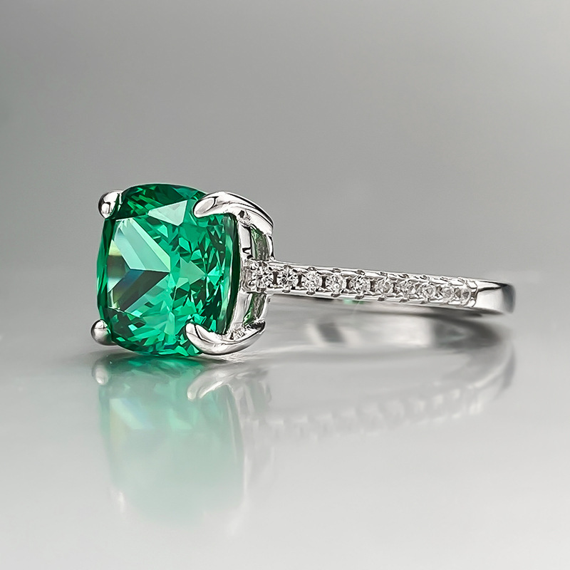 2.5Ct Green Cushion Cut Prong Setting Classic Ring-Sterling Silver-lornajewelry