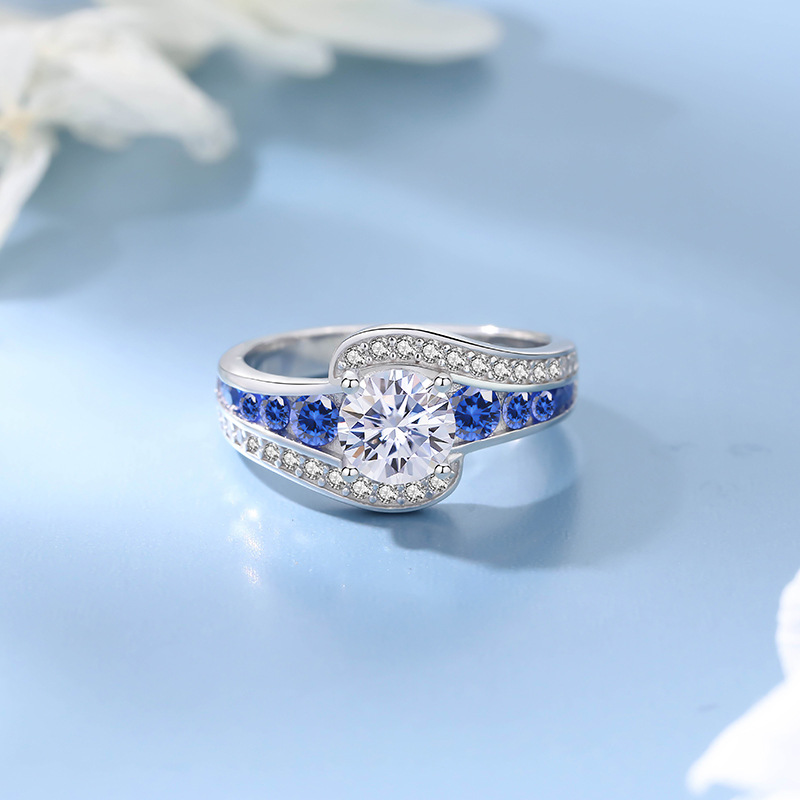 1Ct Moissanite Blue Round Cut Channel Setting Wave Design Ring-Sterling Silver-lornajewelry