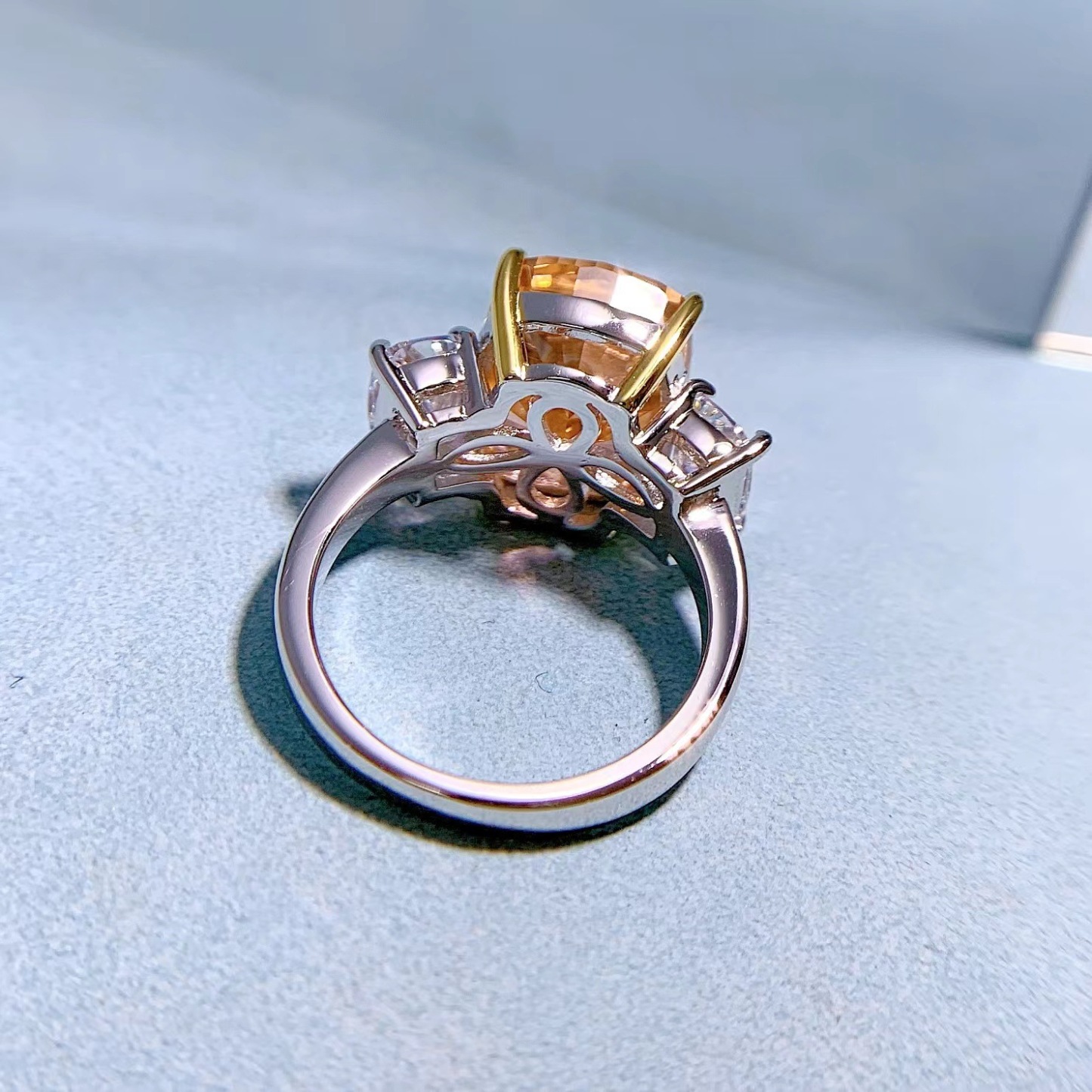6.5Ct Cushion Cut Orange Diamond Three Stone Ring-Sterling Silver-lornajewelry