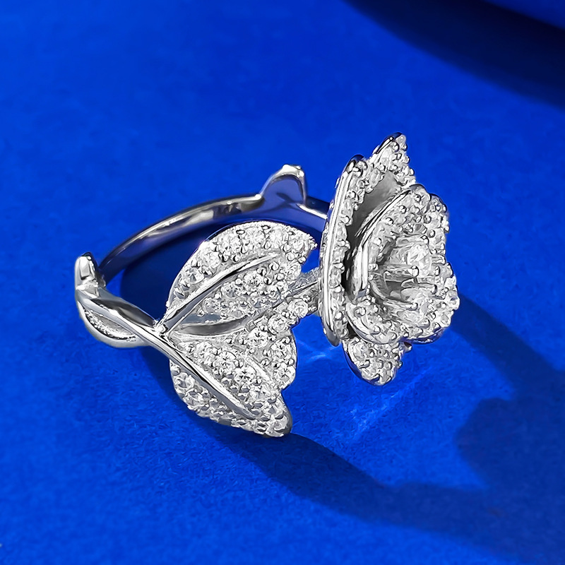 White Diamond Rose Pave Setting Ring-Sterling Silver-lornajewelry