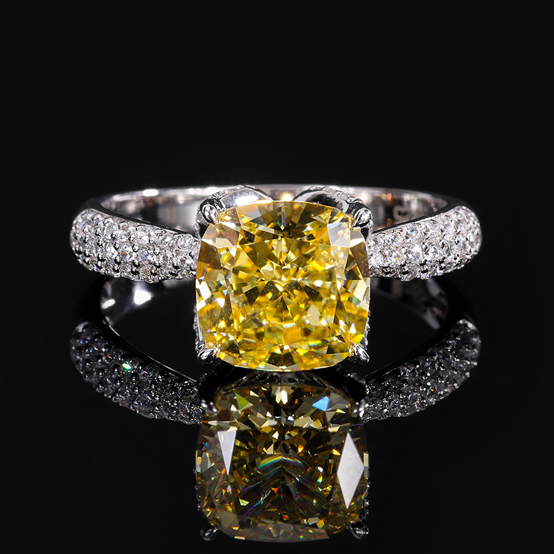 3.5Ct Yellow Cushion Cut Pave Setting Ring-Sterling Silver-lornajewelry
