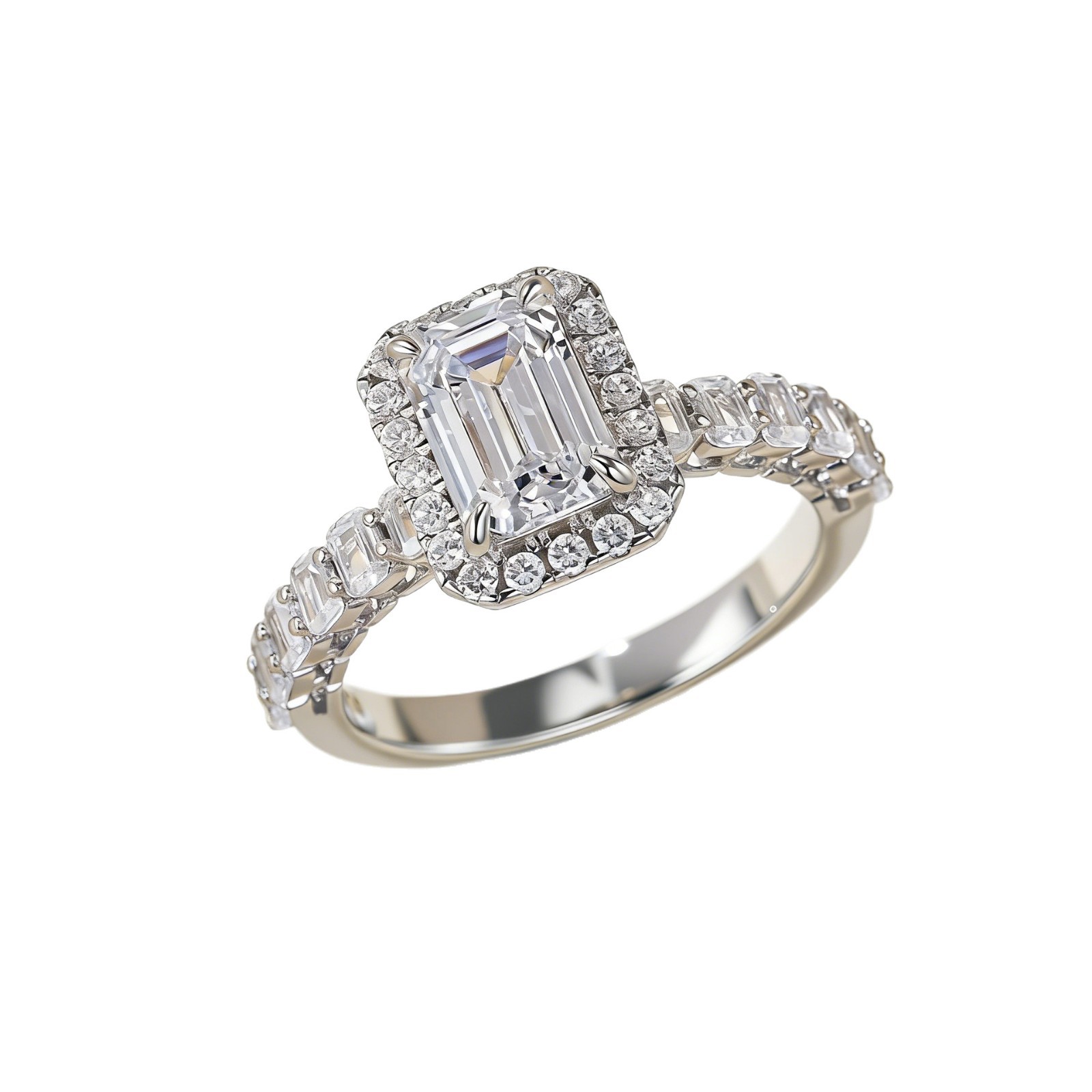 2Ct Moissanite Emerald Cut Halo Engagement Ring with Emerald Cut Side Stones in Sterling Silver