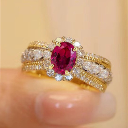 2Ct Luxury Oval Red Stone Halo Accent Ring in Gold-Sterling Silver-lornajewelry