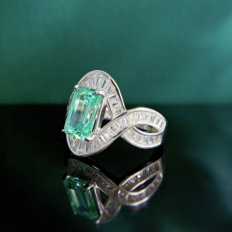 1Ct Paraiba Emerald Cut Pave Set Vintage Style Ring-Sterling Silver-lornajewelry