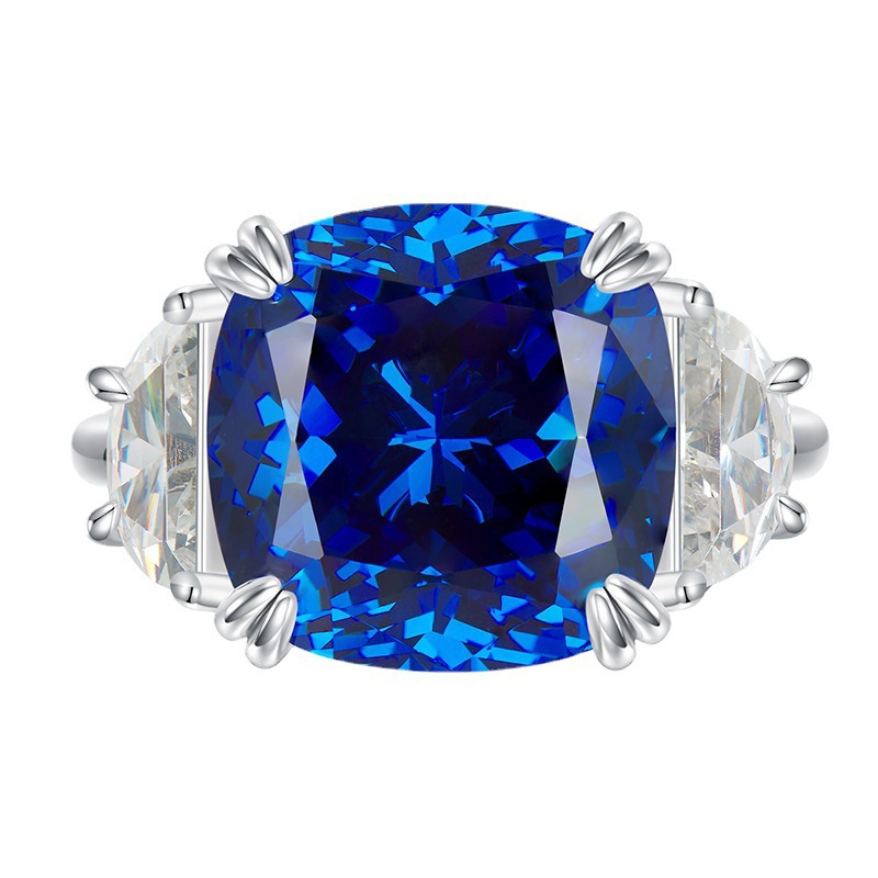 11Ct Blue Cushion Cut Prong Setting Classic Style Ring-Sterling Silver-lornajewelry