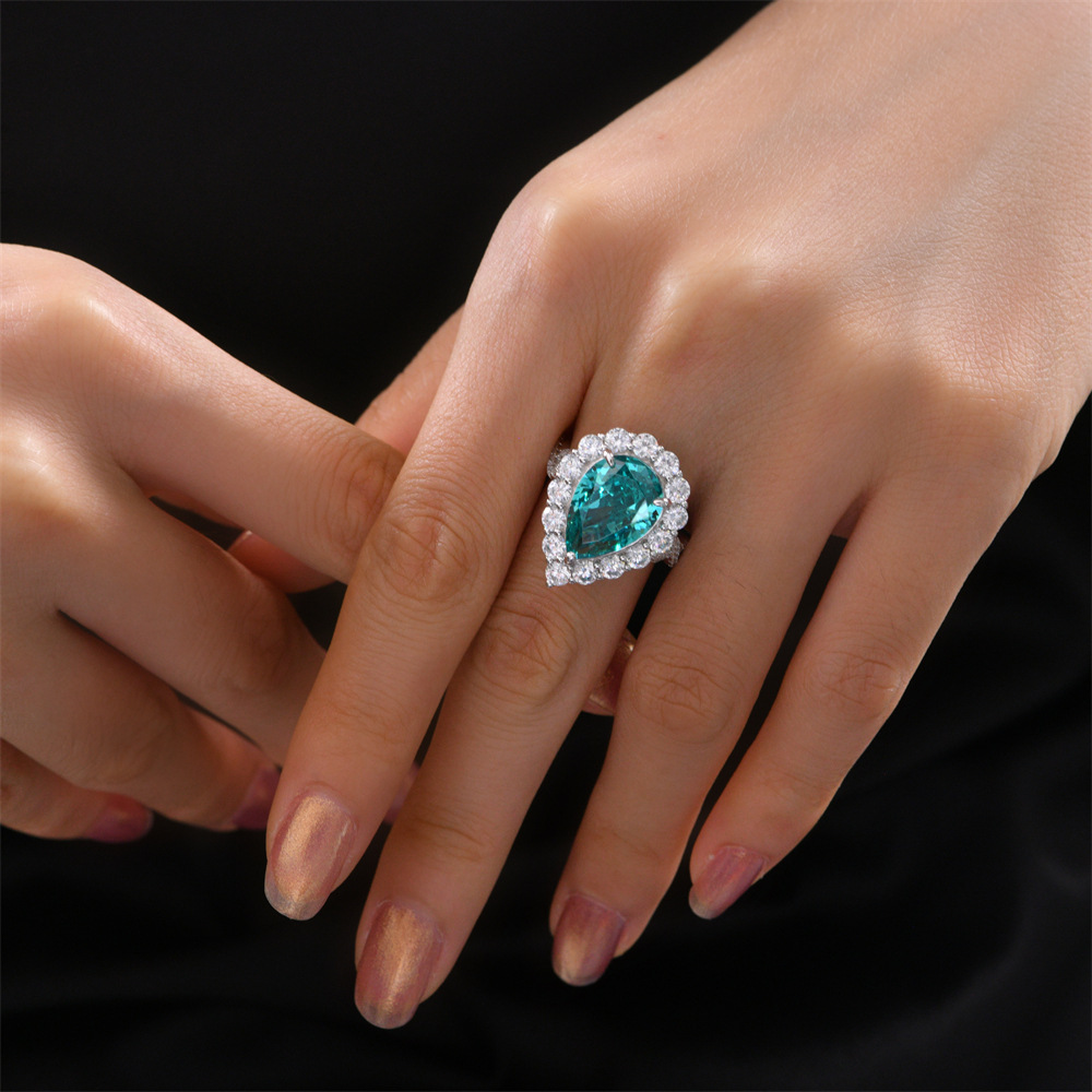 5Ct Radiant Paraiba Tourmaline Pear Cut Halo Pave Ring-Sterling Silver-lornajewelry