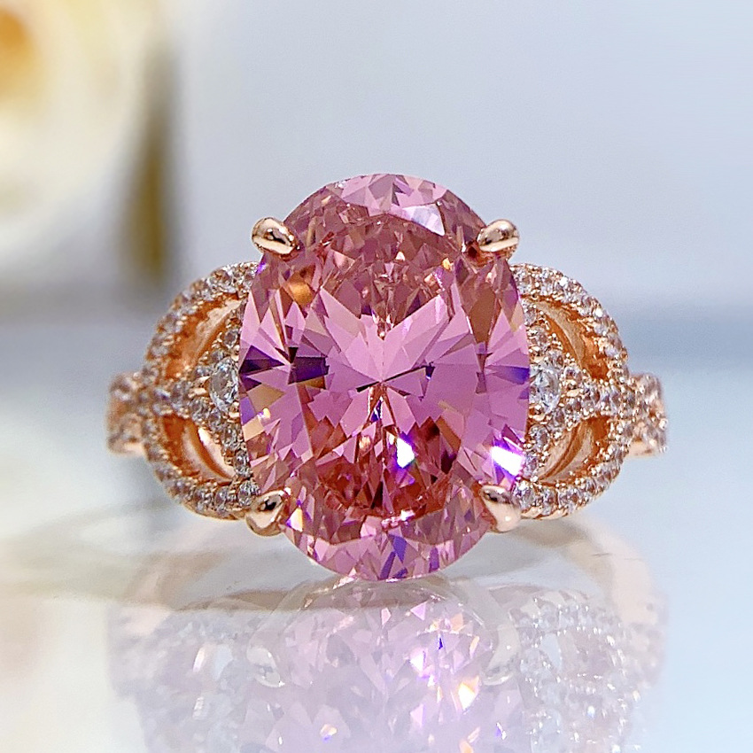 5.5Ct Pink Oval Cut Halo Setting Rose Gold Ring-Sterling Silver-lornajewelry