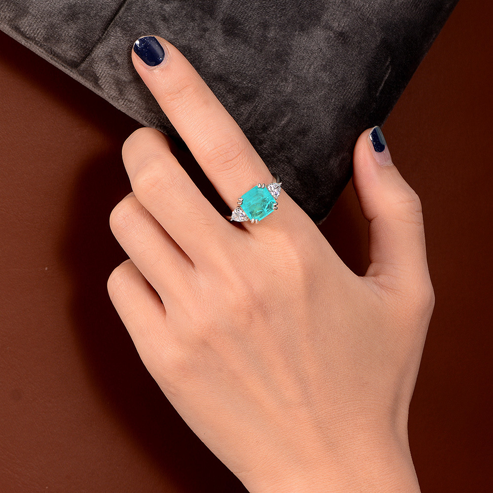 5Ct Asscher Cut Blue Paraiba Tourmaline Three-Stone Setting Ring-Sterling Silver-lornajewelry