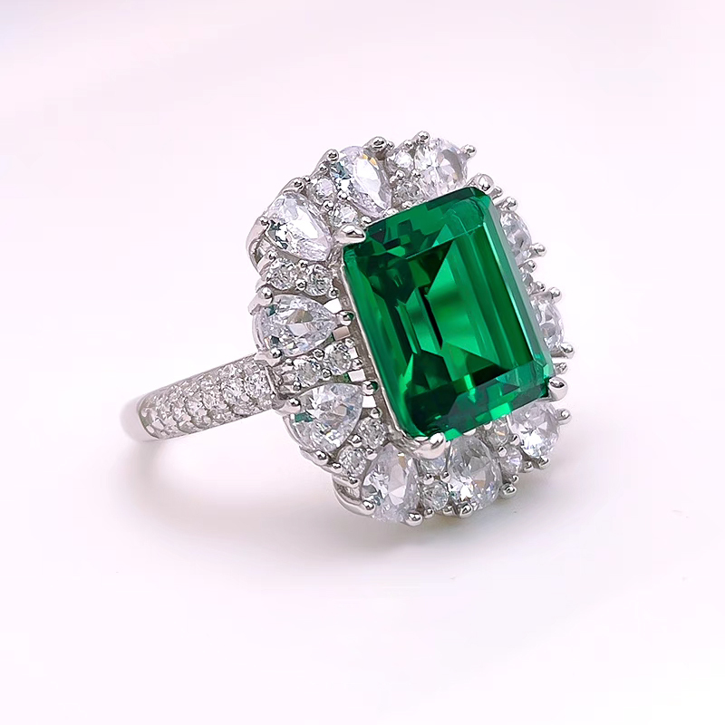 6Ct Emerald Cut Green Vintage Halo Design Ring-Sterling Silver-lornajewelry