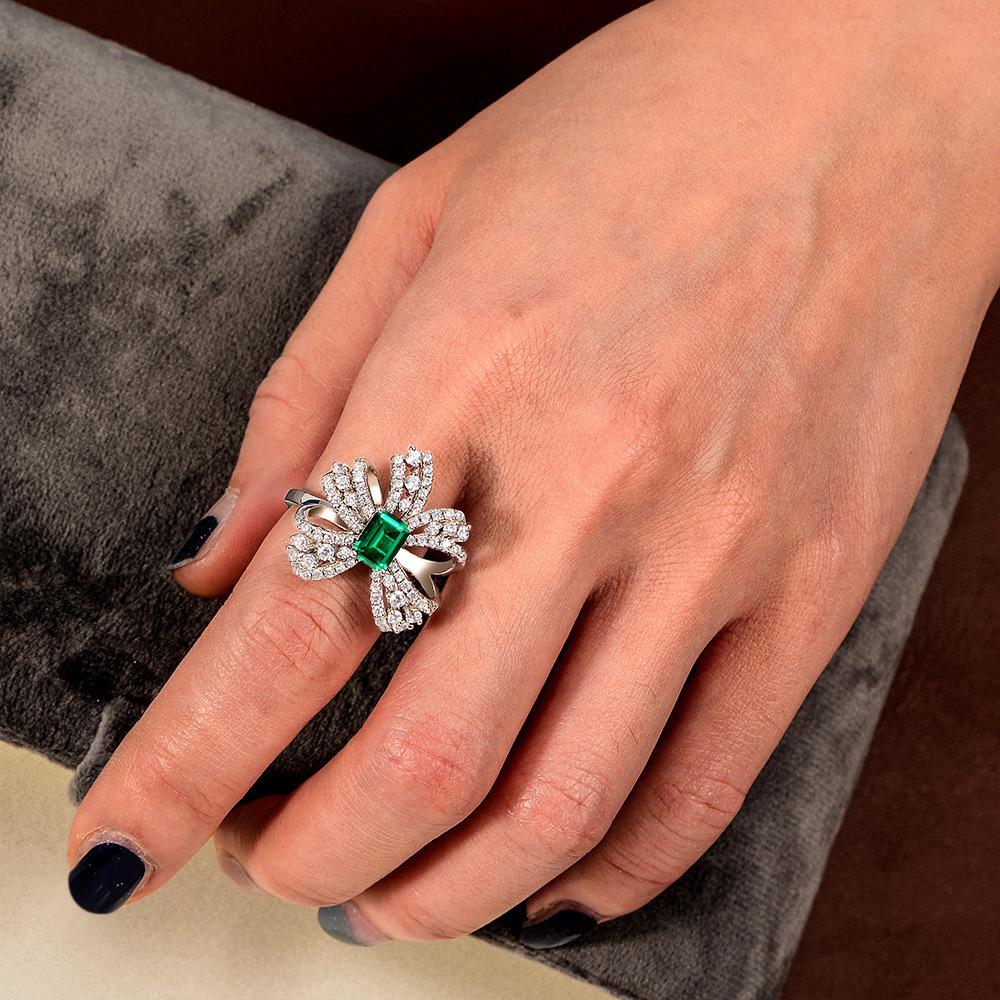 1Ct Green Emerald Cut Bow Knot Pave Setting Ring-Sterling Silver-lornajewelry