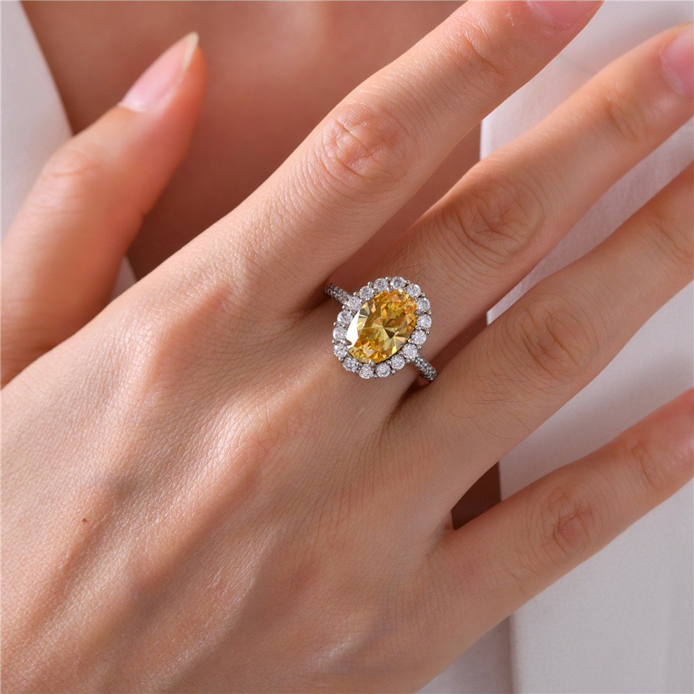 3Ct Oval Cut Yellow Halo Pave Setting Gemstone Ring-Sterling Silver-lornajewelry