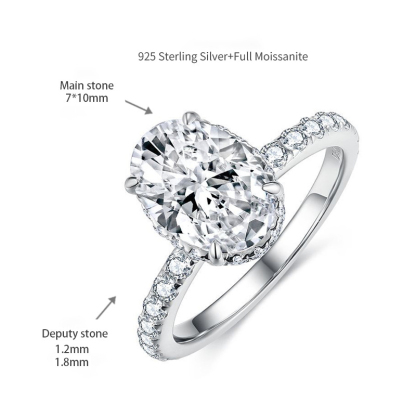 2.5Ct Moissanite Oval Cut Hidden Halo Pave Sterling Silver Engagement Ring