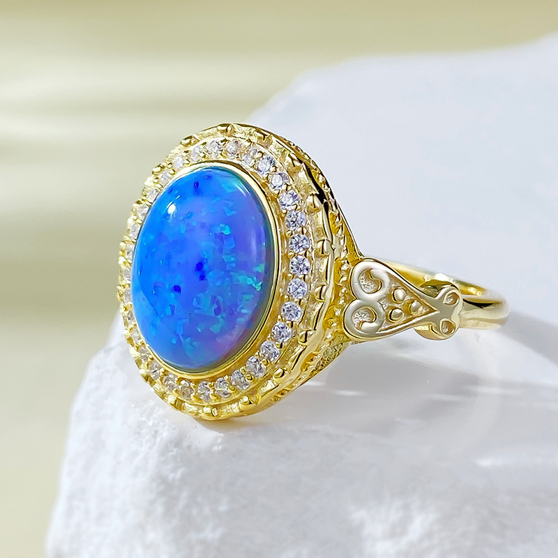 2.5Ct Oval Cut Blue Opal Halo Set Vintage Style Ring-Sterling Silver-lornajewelry